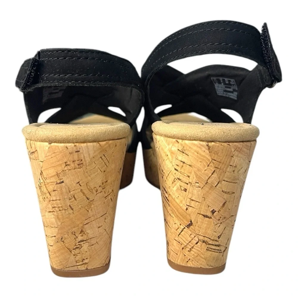 Clarks Collection Rose Erin Black Nubuck Cork Wedge Sandals – Size 6